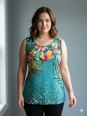 Chico's Size 3 Bold Tropical Botanical & Leopard Print Tank Top Tunic